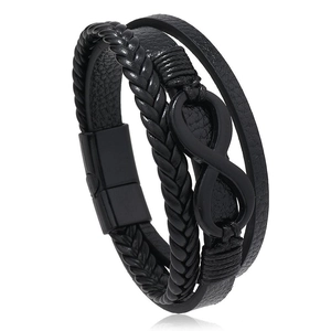 Multi-layer black braided leather infinity bracelet with secure black magnetic clasp