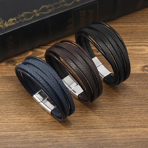 Men Vintage Multi Layer Braided Cowhide Leather PU Bracelet Alloy Magnetic Buckle Handwoven Punk Bangle Men Jewelry Gift