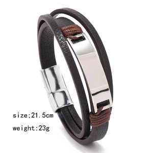 Bracelet multicouche en cuir pour homme avec fermoir magnétique argenté, 21,5 cm