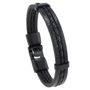 Minimalist multi-layer braided black leather bracelet for men with matte black metal clasp