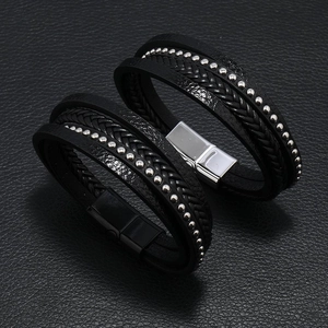 Men Multi-layer Leather Bracelet Punk Woven Wrap Bracelet With Magnetic Buckle Metal Beads Rivet Fashion Jewelry Gift