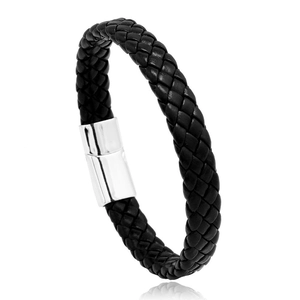 Bracelet fait main en cuir tressé noir avec un fermoir magnétique en métal poli