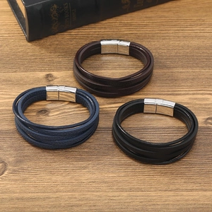 Men's multilayer leather bracelets with magnetic alloy clasps in black, brown and blue
