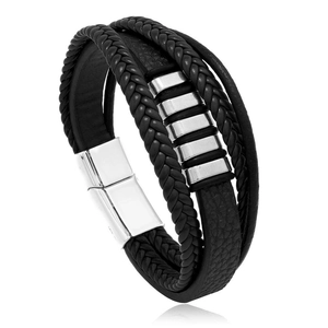 Bracciale multistrato in pelle intrecciata nera da uomo con chiusura magnetica argento