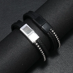 Men's layered black leather woven bracelet set with metal magnetic clasps and bead details