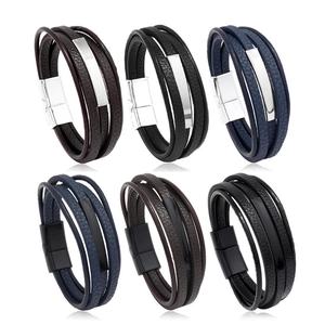Detailed grid of multi-layer leather bracelets with magnetic clasps and metal tubes