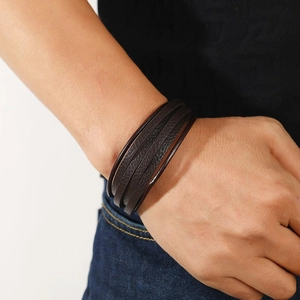 Men's multi-layer dark brown woven leather bracelet with vintage magnetic clasp