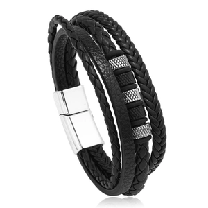 Black multilayer braided leather bracelet for men featuring magnetic clasp and silver rings
