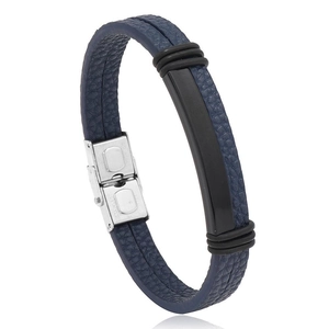 Bracelet punk pour hommes en cuir bleu avec plaque centrale noire en acier inoxydable