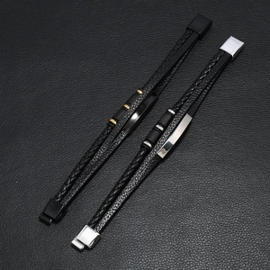 Braided leather multi-layer bracelet set for men with gold and silver titanium accents