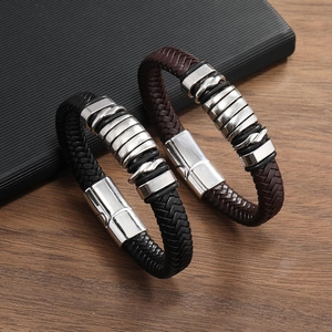 Vintage Men Woven Leather Bracelet Alloy Industrial Style Braided Wristband Magnetic Clasp Accessory Men Jewelry