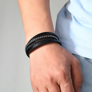 Men's multilayer black leather braided bracelet with metal beads and magnetic clasp