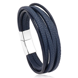 Detailed view of the multi-layer navy blue leather bracelet with silver magnetic clasp