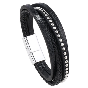 Men's multi-layer black woven leather bracelet with silver metal beads and magnetic clasp