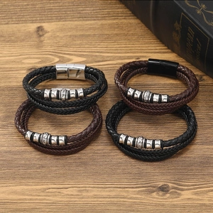 Men's multilayer braided leather bracelets with stainless steel magnetic clasps