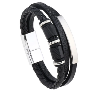 Men's multilayer black braided leather bracelet with stainless steel metal plates