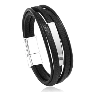 Men's hip hop PU leather bracelet with curved metal plates and magnetic clasp