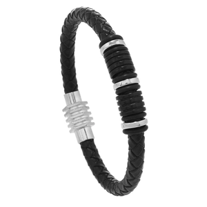 Bracelet minimaliste pour homme en cuir tressé noir avec fermoir en acier argenté