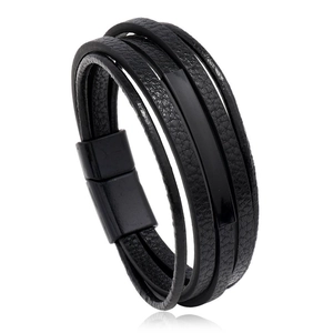 Close-up of multi-layer black PU leather bracelet with rectangular magnetic metal clasp