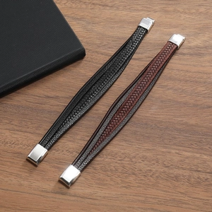 Bracciali da uomo in pelle intrecciata vintage con chiusura magnetica su legno