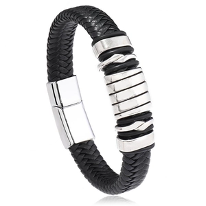 Mens black braided leather bracelet with silver metal rings and magnetic clasp on white background