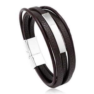 Men's multi-layer brown leather bracelet with polished silver metal curved plate