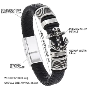 Detail view of 1.2cm black braided leather anchor bracelet with magnetic alloy clasp