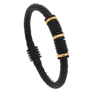Bracelet pour homme en cuir tressé noir avec perles polies dorées et noires élégantes