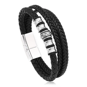 Multi-layer black braided leather bracelet for men with silver magnetic steel clasp
