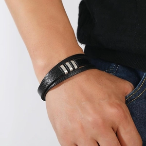 Men's multi-layer black braided leather bracelet with silver magnetic metal buckles
