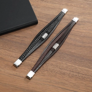 Men's retro braided leather bracelets in black and brown with magnetic steel clasp