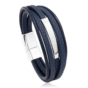 Men's navy blue multi-layer leather bracelet with polished silver curved metal accent