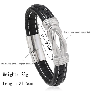 Detailed view of 21.5cm men's braided leather bracelet with stainless steel magnetic clasp