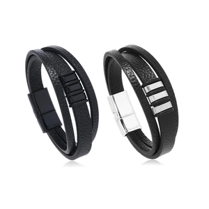 Men's multilayer black braided leather bracelet with magnetic metal clasp and accents