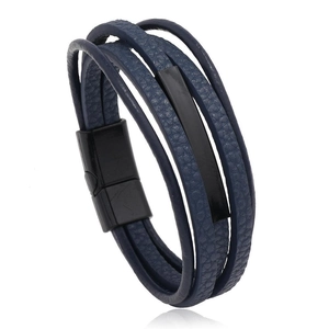Men's hip-hop multilayer blue PU leather bracelet with black magnetic clasp and metal plate