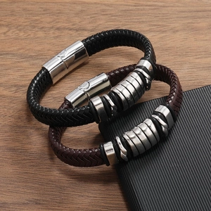 Men's braided leather bracelets in black and brown with polished magnetic steel clasps