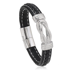Men's black braided leather bracelet with silver nautical knot stainless steel clasp