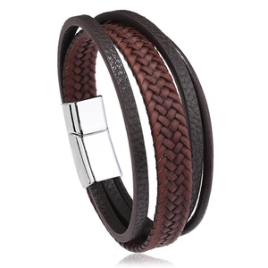 Bracciale multistrato retrò in pelle intrecciata da uomo con fibbia magnetica in argento