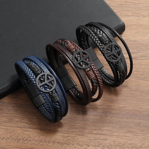Men's Multi-layer Braided Leather Bracelet With Peace Sign Metal Charm Magnetic Clasp Punk Retro Fashion Wristband Jewelry