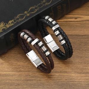 Men PU Leather Double Layer Woven Bracelet Alloy Magnetic Buckle Retro Fashion Jewelry Hand Accessory Gift