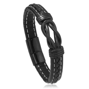 Men's black braided leather bracelet with infinity knot and magnetic steel clasp