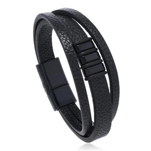 Detail view of multi-layer black braided leather bracelet with magnetic clasp and matte hardware