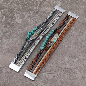 Bohemian multilayer leather bracelet set with turquoise feather charms and magnetic clasp