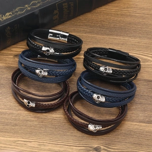 Punk multilayer braided leather bracelet set with silver skull charms and magnetic buckle