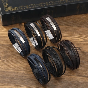 Men Multi Layer PU Leather Bracelet With Alloy Tube Personalized Fashion Hip Hop Jewelry Magnetic Buckle Wristband Gift