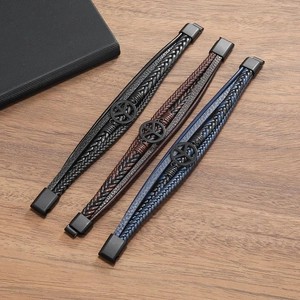 Three-piece multi-layer braided leather bracelets with peace sign and magnetic clasp
