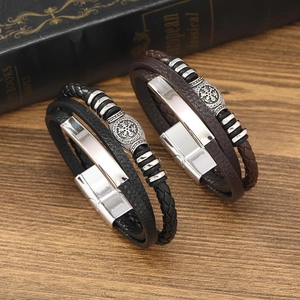 Nordic Viking Retro Multilayer Leather Bracelet For Men Woven Compass Alloy Magnetic Clasp Punk Wristband Wrist Strap Jewelry