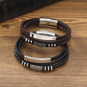 Vintage Nordic Viking leather bracelet with multilayered braid and magnetic compass clasp