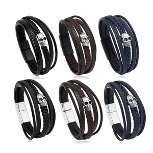 Men's punk multi-layer skull leather bracelet set with magnetic buckle closure