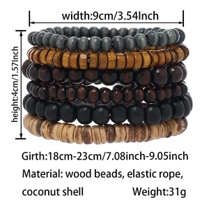 Detailed view of bohemian multilayer wooden bead bracelet set with dimensions and materials